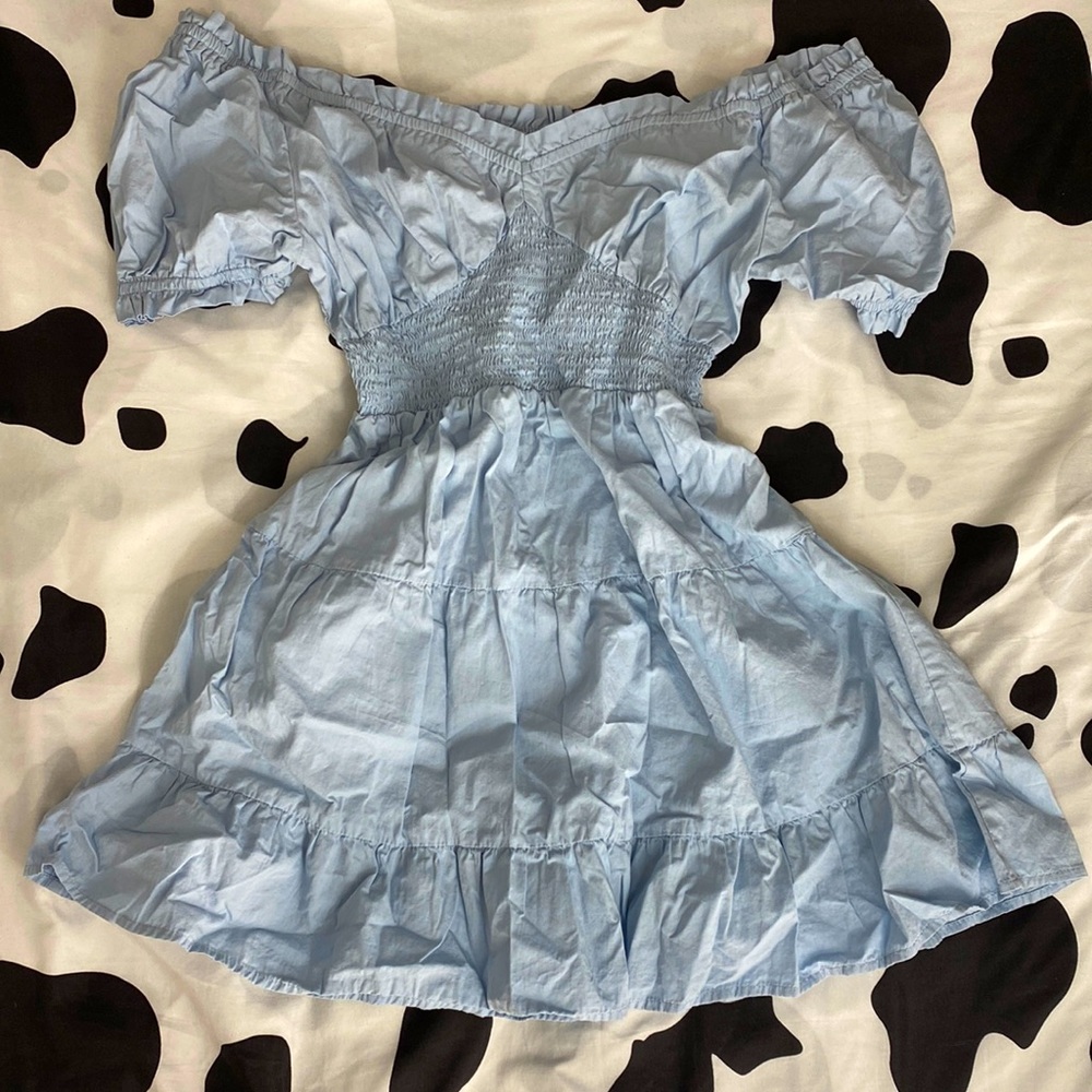 Poofy Western Style Blue Dress. Cinched Waist and Back.